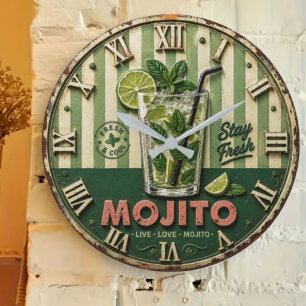 Mojito Cocktail Tropical Vintage Kitchen Home Bar Large Clock