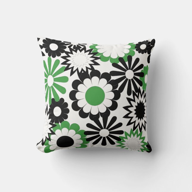 MoJo Throw Pillows, green, black & white flowers Cushion (Front)