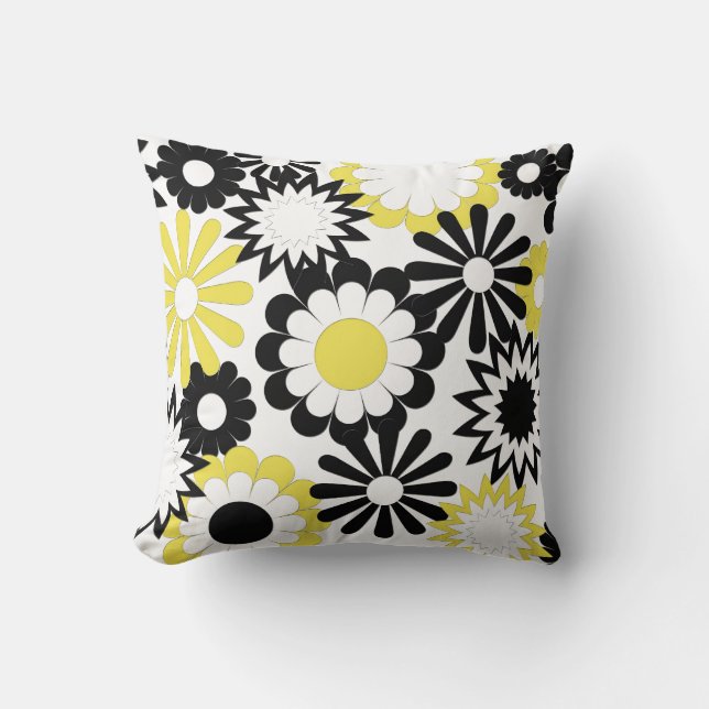 MoJo Throw Pillows, yellow, black & white flowers Cushion (Front)