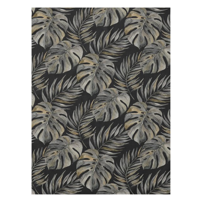 Moku Island Hawaiian Watercolor Monstera- Black Tablecloth (Front)