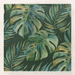 Moku Island Hawaiian Watercolor Monstera- Green Glass Coaster