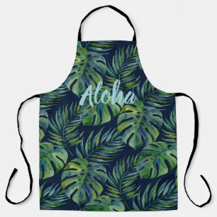 Moku Island Hawaiian Watercolor Monstera -Navy Apron