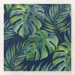 Moku Island Hawaiian Watercolor Monstera- Navy Glass Coaster