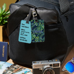 Moku Island Hawaiian Watercolor Monstera - Navy Luggage Tag