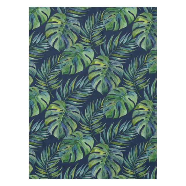 Moku Island Hawaiian Watercolor Monstera- Navy Tablecloth (Front)
