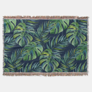 Moku Island Hawaiian Watercolor Monstera- Navy Throw Blanket