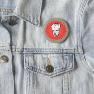 Molar freshly extracted on a red starburst 6 cm round badge