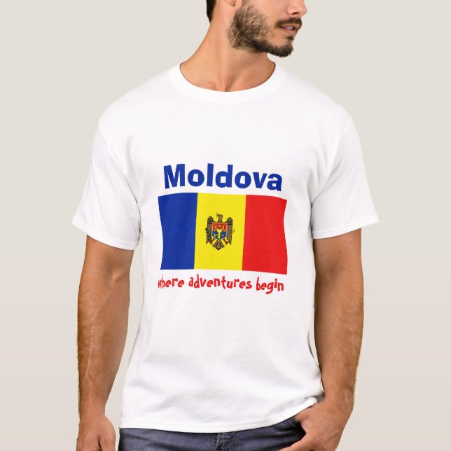 Moldova Flag + Map + Text T-Shirt (Front)