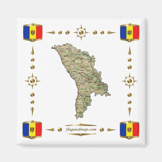 Moldova Map + Flags Magnet (Front)
