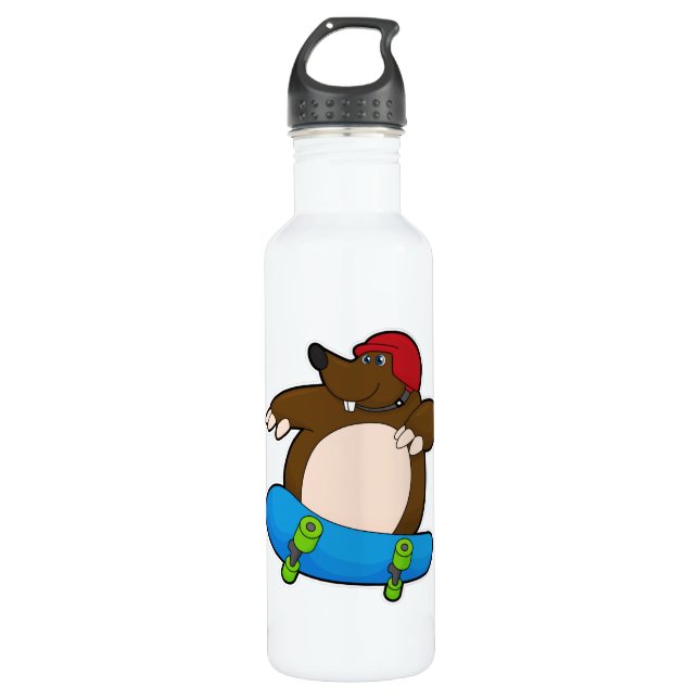 Mole as Skater with Skateboard & Helmet 710 Ml Water Bottle (Front)