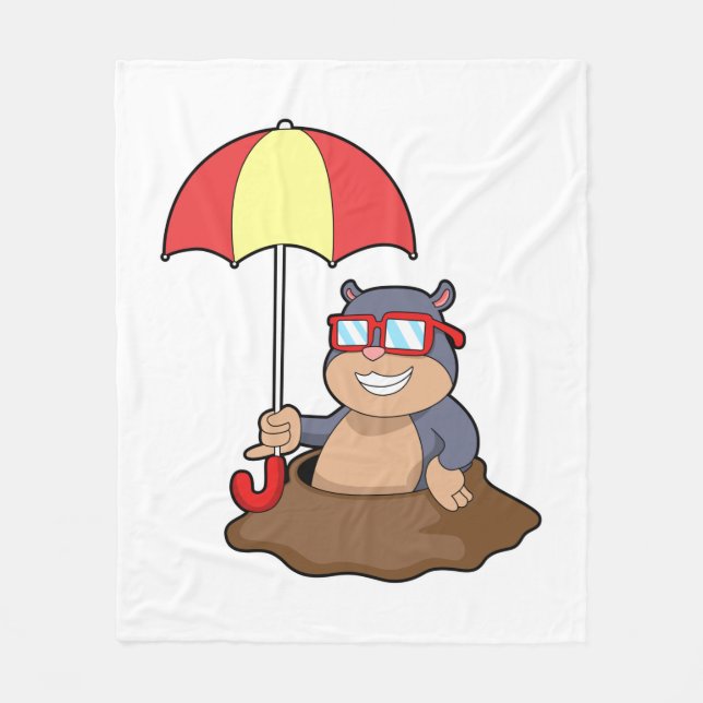 Mole at Raining with Umbrella Fleece Blanket (Front)
