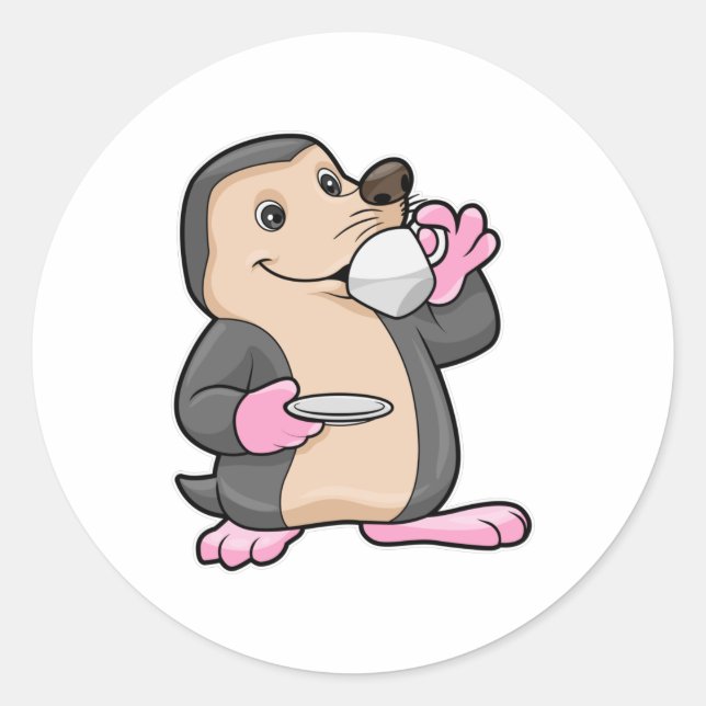 Mole with Cup of Coffee & Saucer Classic Round Sticker (Front)