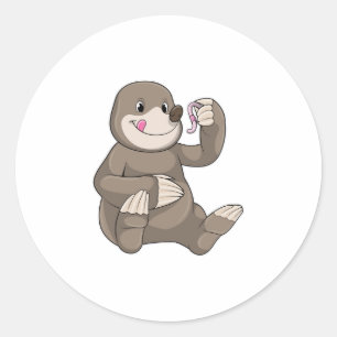 Mole with Earthworm Classic Round Sticker