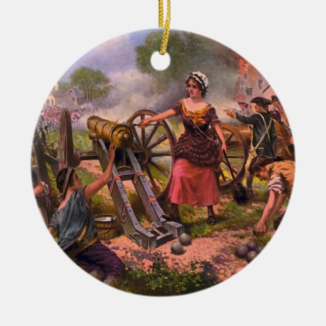 Molly Pitcher Firing Cannon at Battle of Monmouth Ceramic Tree Decoration (Front)