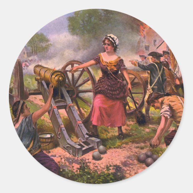 Molly Pitcher Firing Cannon at Battle of Monmouth Classic Round Sticker (Front)