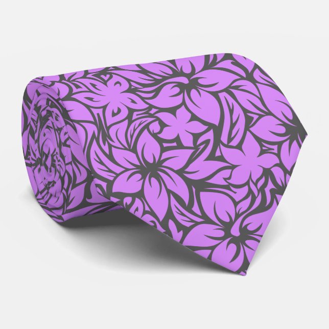 Moloaa Bay Hawaiian Hibiscus Aloha - Grey-Violet Tie (Rolled)