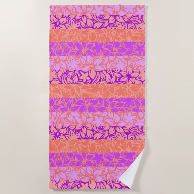 Moloaa Bay Hawaiian Hibiscus Striped - Violet Beach Towel (Front)