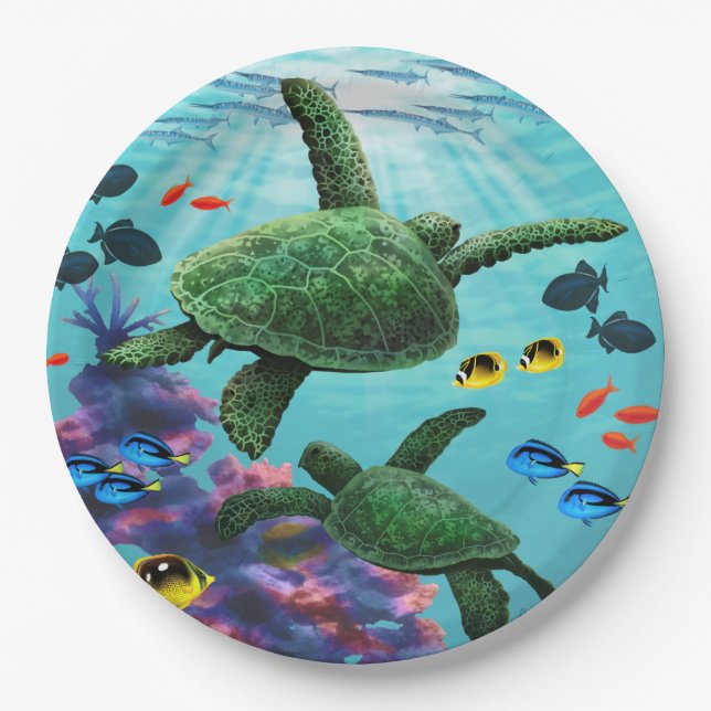 Molokini Cove Hawaiian Sea Turtles Tropical Paper Plate (Front)