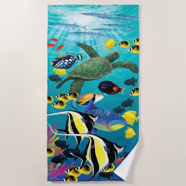 Molokini Cove Hawaiian Tropical Fish Illustration Beach Towel (Front)