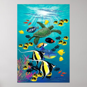Molokini Cove Hawaiian Tropical Fish Illustration Poster