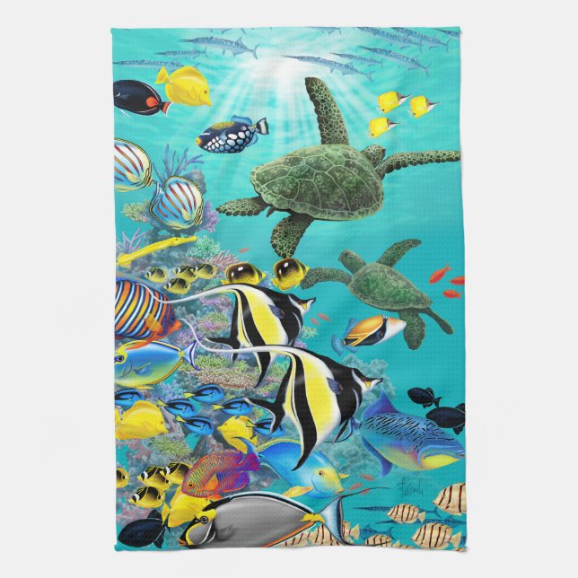 Molokini Cove Hawaiian Tropical Fish Sea Turtle Tea Towel (Vertical)