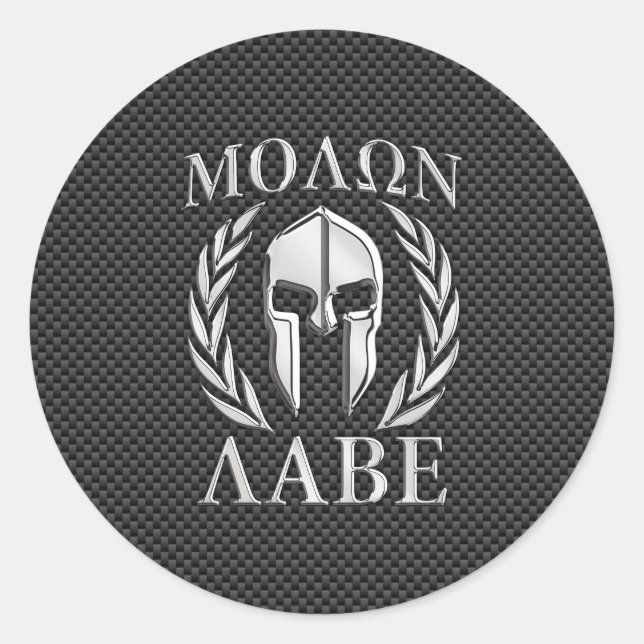 Molon Labe Chrome Spartan Helmet on Carbon Fibre Classic Round Sticker (Front)