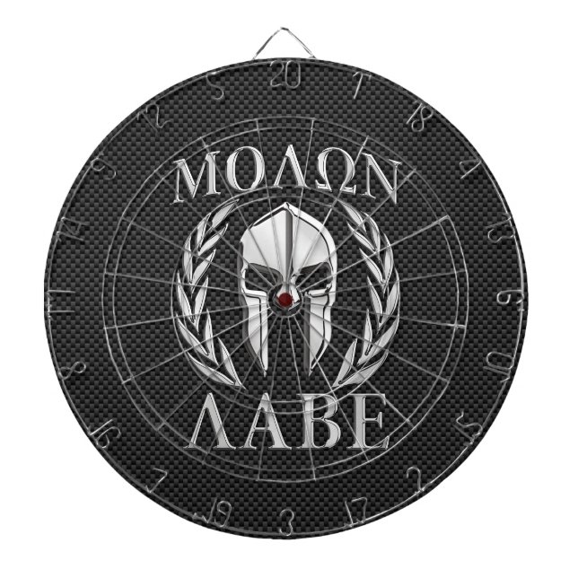 Molon Labe Chrome Spartan Helmet on Carbon Fibre Dartboard (Front)