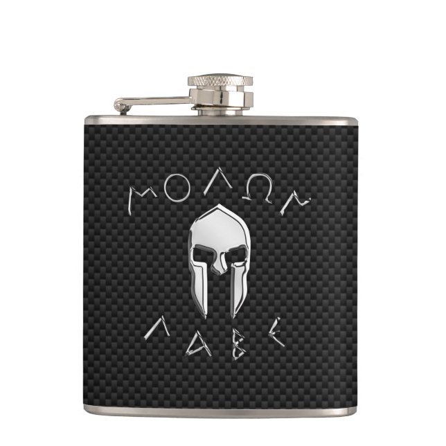 Molon Labe Chrome Spartan Helmet on Carbon Fibre Hip Flask (Front)