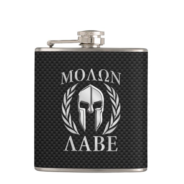 Molon Labe Chrome Spartan Helmet on Carbon Fibre Hip Flask (Front)