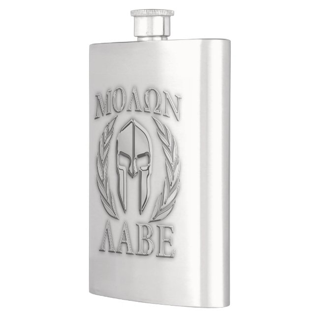 Molon Labe Chrome Spartan Helmet Print Hip Flask (Left)