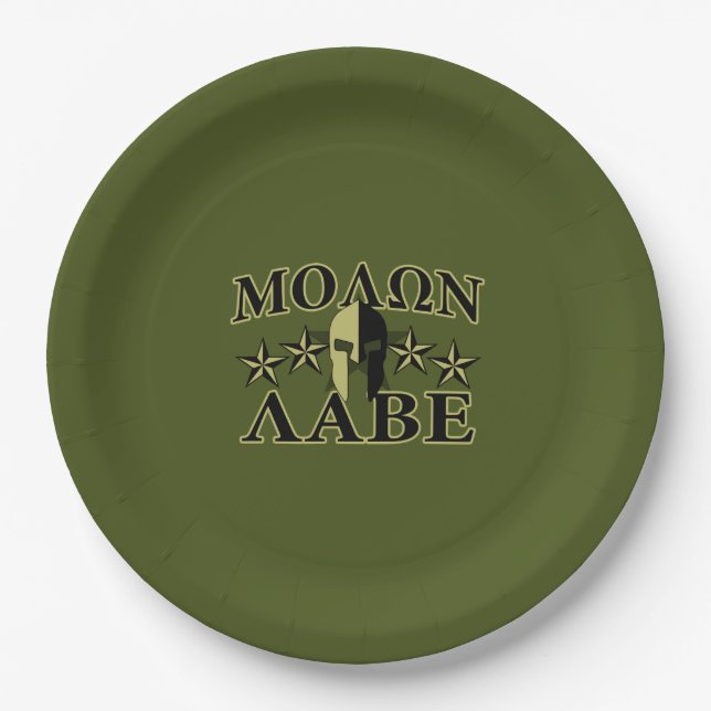 Molon Labe Spartan 5 stars Olive Green Paper Plate (Front)