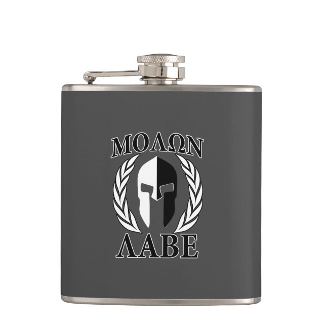 Molon Labe Spartan Helmet Laurels Black Hip Flask (Front)