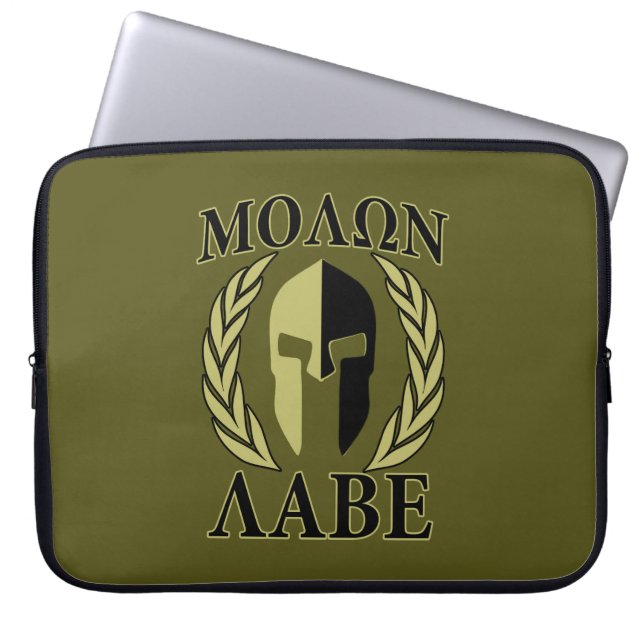Molon Labe Spartan Helmet Laurels Olive Green Laptop Sleeve (Front)