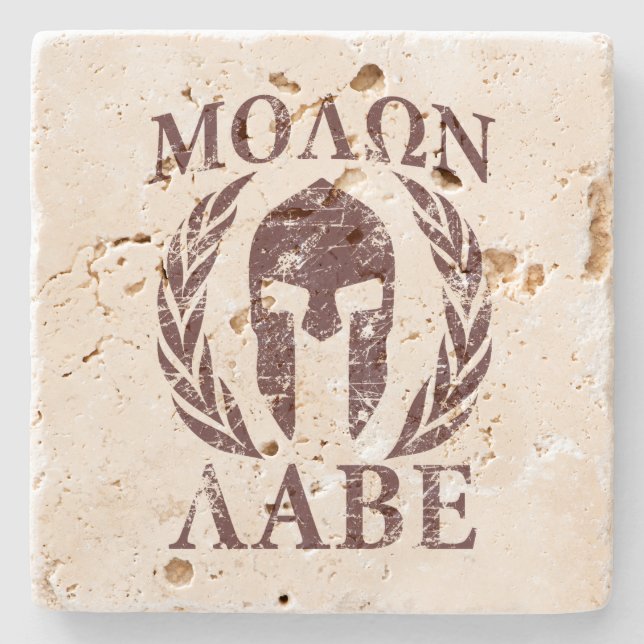 Molon Labe Spartan Helmet Warrior Laurels Stone Coaster (Front)