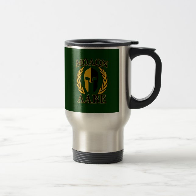 Molon Labe Spartan Laurels on Forest Green Travel Mug (Right)