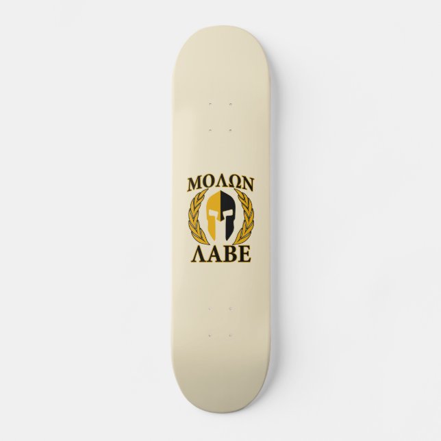 Molon Labe Spartan Mask Laurels Beige Accent Skateboard (Front)