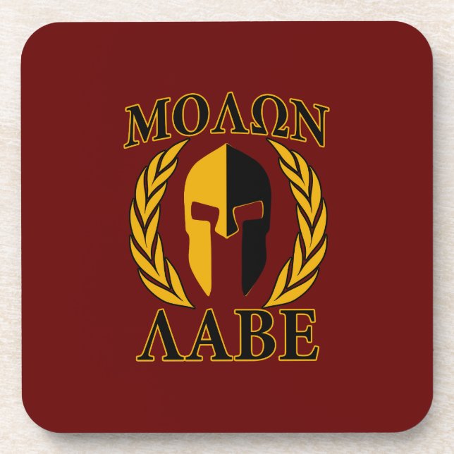 Molon Labe Spartan Mask Laurels Burgundy Red Coaster (Front)