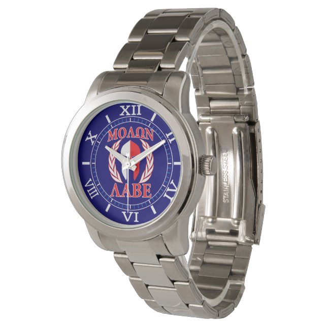 Molon Labe Spartan Mask Laurels Navy Blue Dial Watch (Angled)