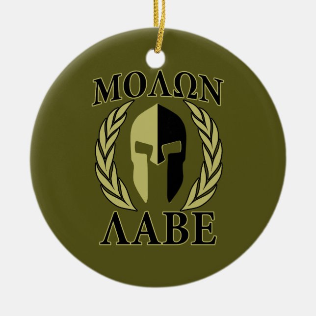 Molon Labe Spartan Mask Laurels Olive Green Ceramic Tree Decoration (Front)