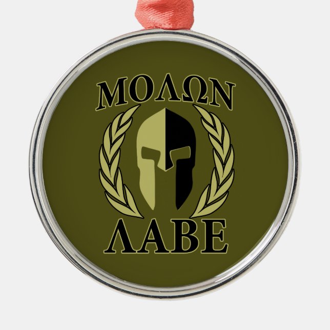 Molon Labe Spartan Mask Laurels Olive Green Metal Tree Decoration (Front)