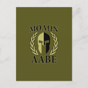 Molon Labe Spartan Mask Laurels Olive Green Postcard