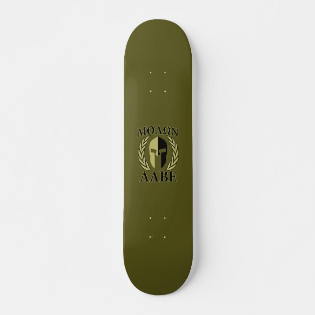 Molon Labe Spartan Mask Laurels Olive Green Skateboard (Front)