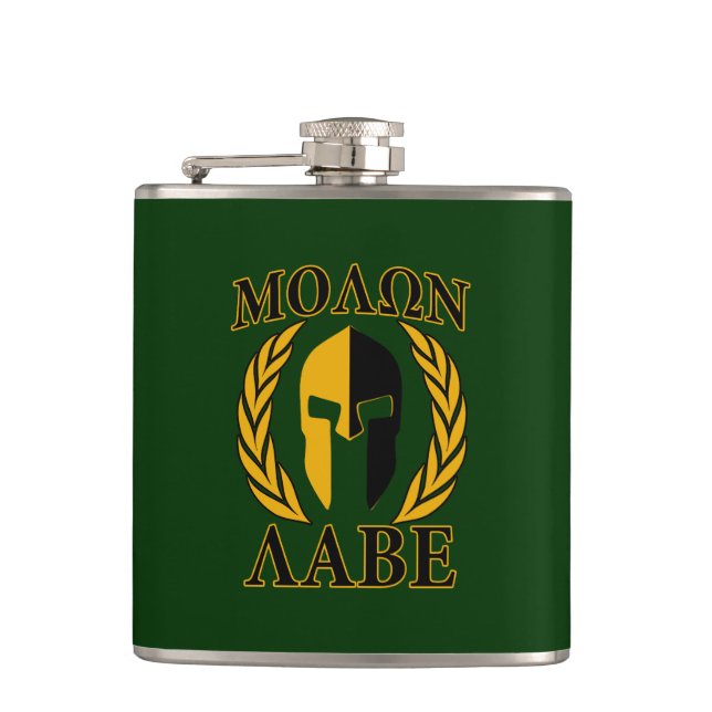 Molon Labe Spartan Mask Laurels on Green Hip Flask (Front)