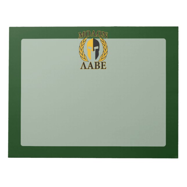 Molon Labe Spartan Mask Laurels on Green Notepad (Front)