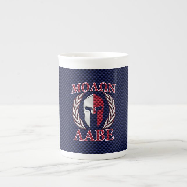 Molon Labe Spartan Warrior Blue Carbon Fibre Print Bone China Mug (Front)