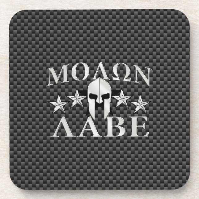 Molon Labe Spartan Warrior Helmet 5 stars Carbon Coaster (Front)