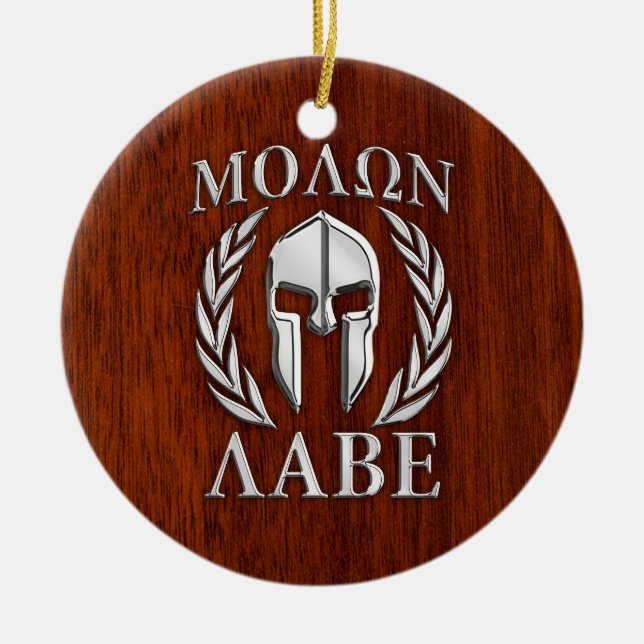 Molon Labe Spartan Warrior Laurels Mahogany Print Ceramic Tree Decoration (Front)
