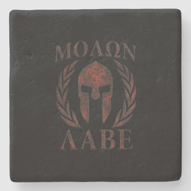 Molon Labe Spartan Warrior Mask Laurels Iron Stone Coaster (Front)