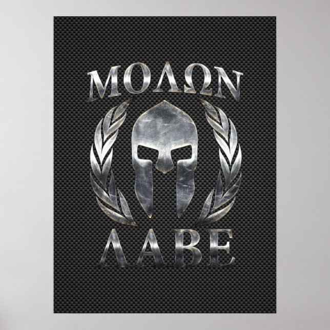 Molon Labe Steel Spartan Helmet on Carbon Fibre Poster (Front)
