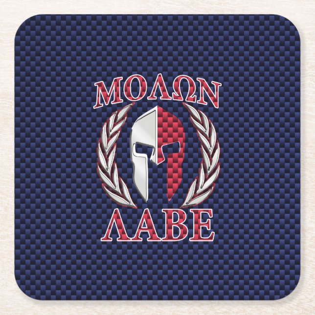 Molon Labe Warrior Mask Blue Carbon Fiber Print Square Paper Coaster (Front)